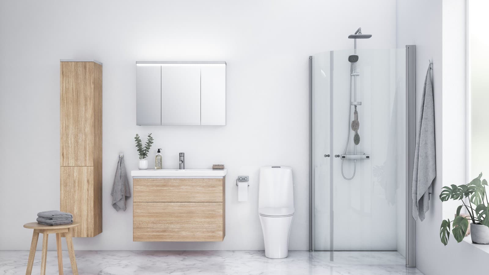 Baderom i nordisk stil med Porsgrund gulvstående toalett Baderom i nordisk stil med Porsgrund gulvstående toalett