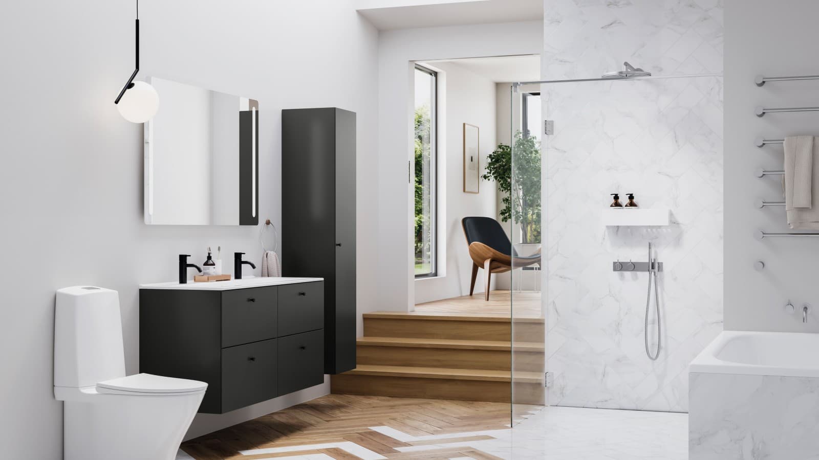 Baderom i nordisk stil med Porsgrund gulvstående toalett Baderom i nordisk stil med Porsgrund gulvstående toalett